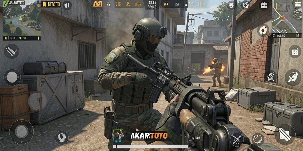 Tampilan gameplay menarik dari game FPS AKARTOTO yang intens.