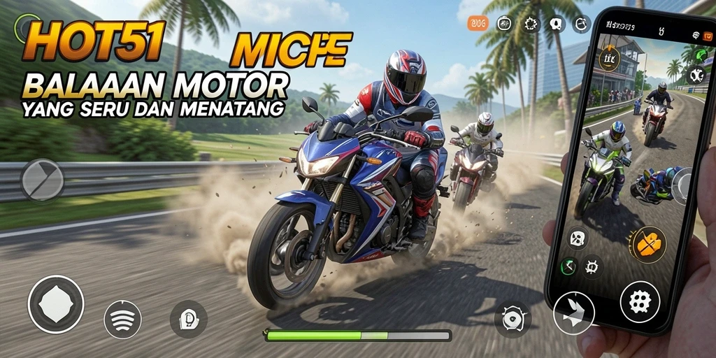Screenshot HOT51 menampilkan balapan motor yang mendebarkan di trek menantang.