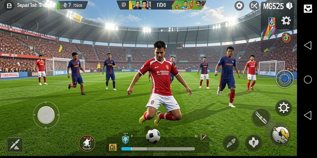 Gameplay MG525 yang mengasyikkan dengan aksi sepak bola penuh semangat.